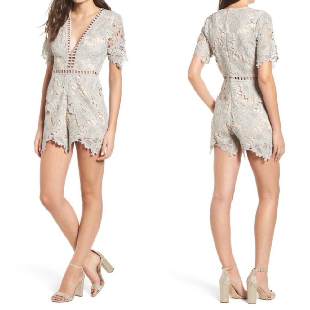 Astr Lace Detail Romper in Cream and Gray